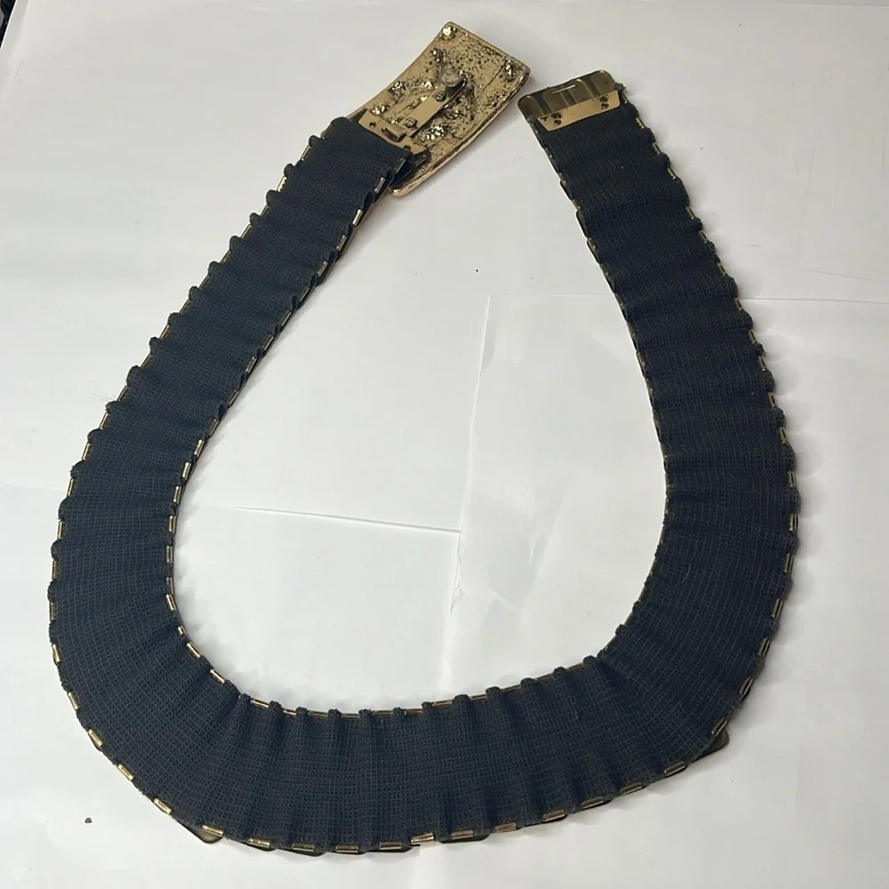 Vintage XL 36-44” Elastic Goldtone Metal Front Clasp Art Buckle Belt